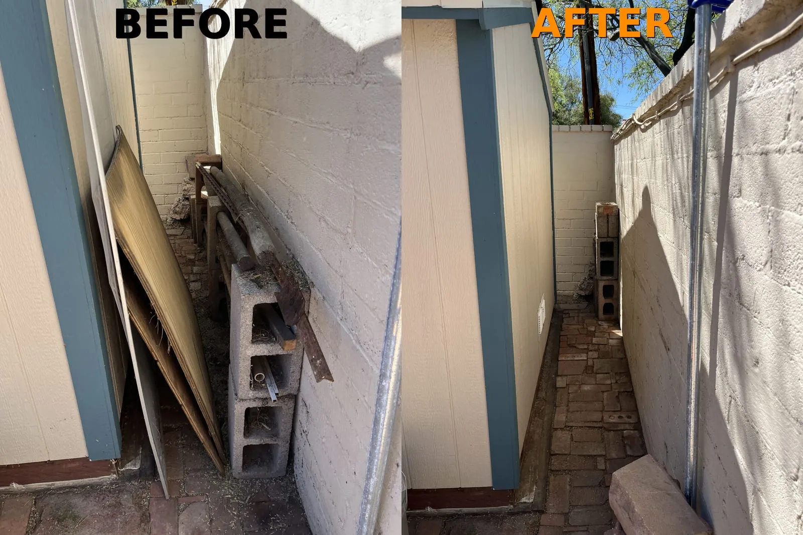 Before and after: side-yard debris removal by Haul Heroes in Tucson